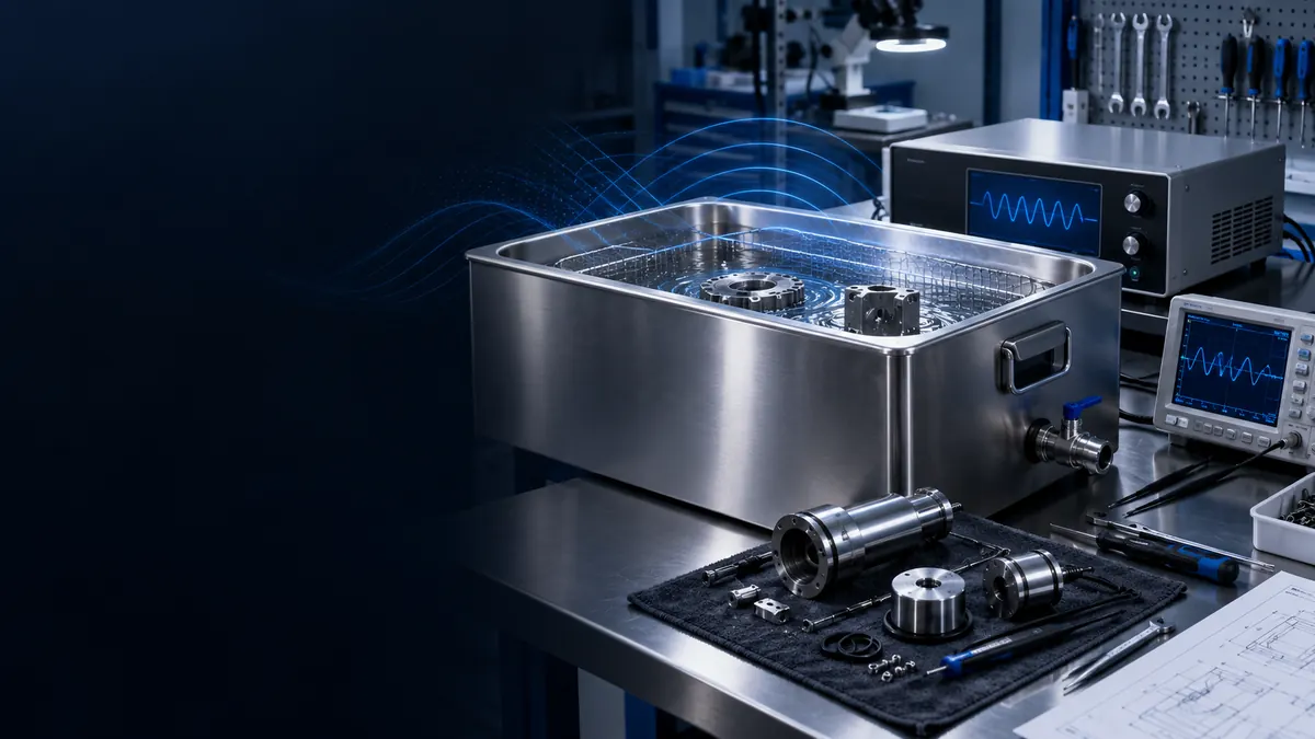 Industrial ultrasonic cleaner and diagnostic equipment illustrating service and fault finding